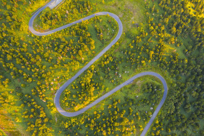 Aerial view of winding road amidst land