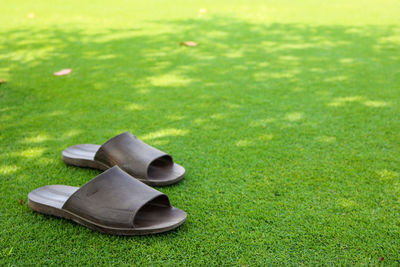 High angle view of shoes on grassy field