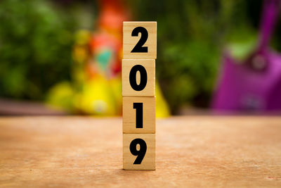 Close-up of number 2019 on table