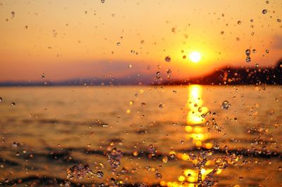 Close-up of wet glass window during sunset