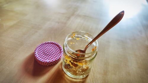 Close-up of drink in jar on table