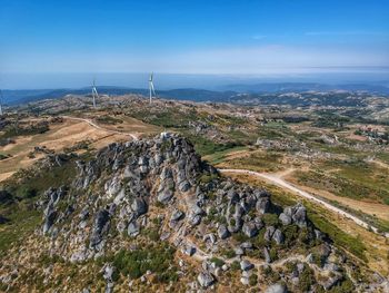 Aerial view of landscape against blue sky