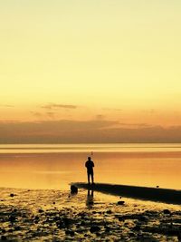 Silhouette man on beach against sky during sunset