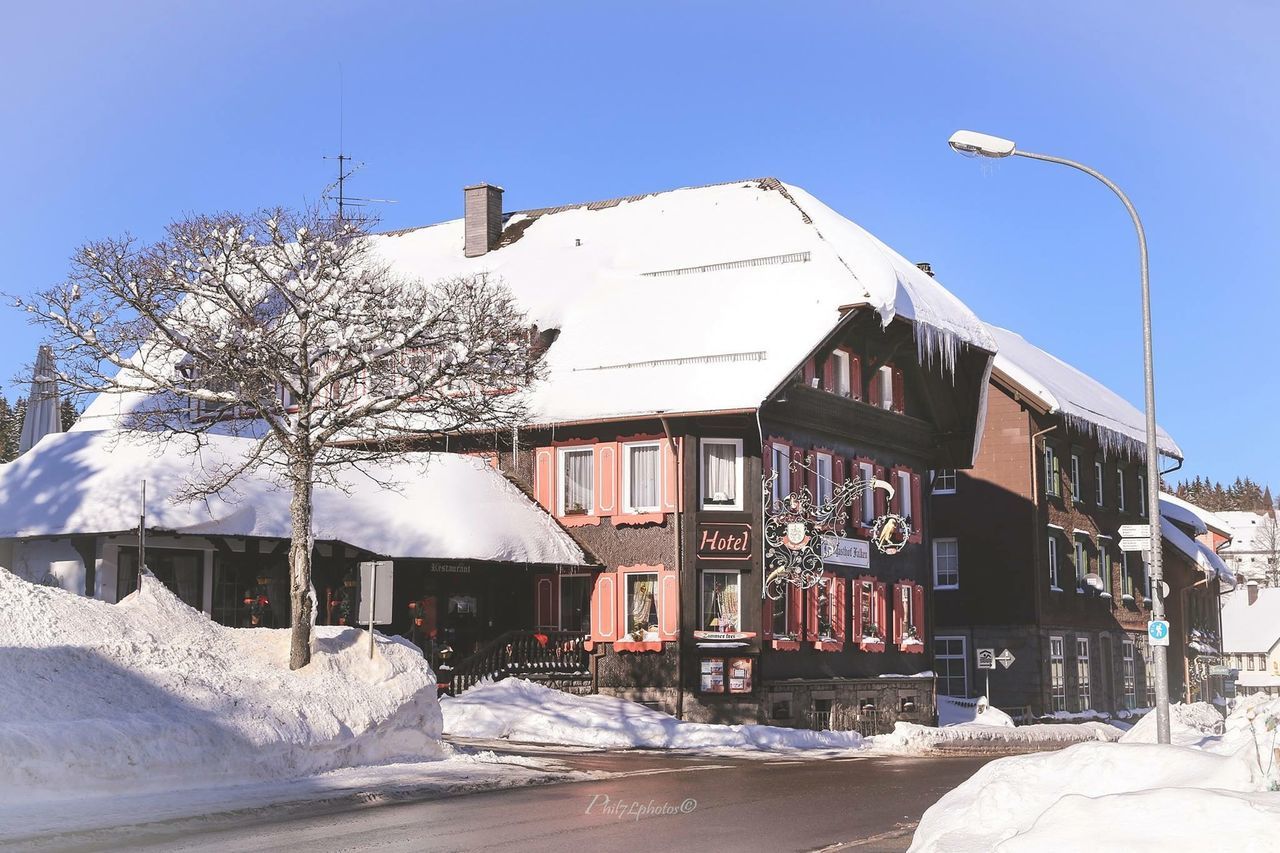 building exterior, architecture, built structure, snow, winter, cold temperature, house, clear sky, residential structure, residential building, season, sunlight, low angle view, white color, day, outdoors, sky, covering, bare tree, roof