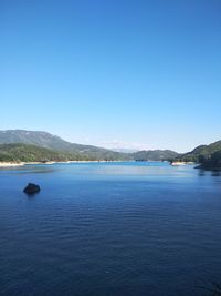 Scenic view of lake against clear blue sky