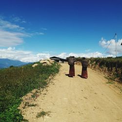 Rear view of two people walking on countryside road