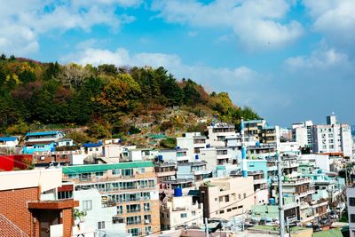 View of cityscape against cloudy sky