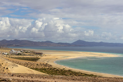 View at sandy beach of risco del paso on canary island fuerteventura, spain