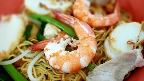 Close-up of prawn noodles in bowl