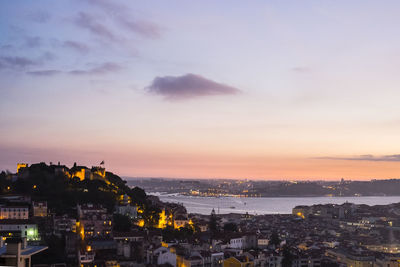 High angle view of townscape against sky during sunset