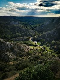 High angle view of valley against sky