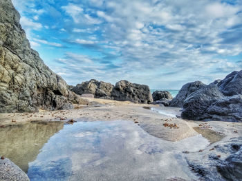 Rocks in sea against sky, beautiful scenery in indonesia. 