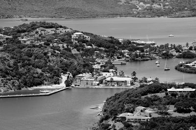 High angle view of city by sea