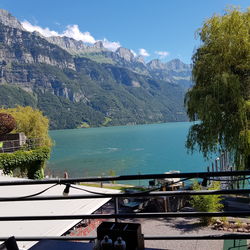 Scenic view of lake and mountains against sky