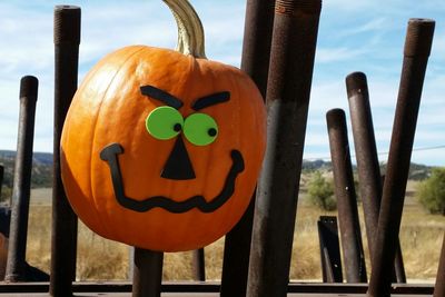 Close-up of road sign on wooden pole