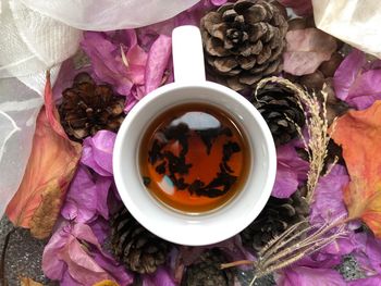 High angle view of tea served on table