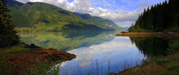 Panoramic view of lake and mountains against sky