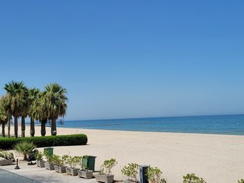 Scenic view of sea against clear blue sky