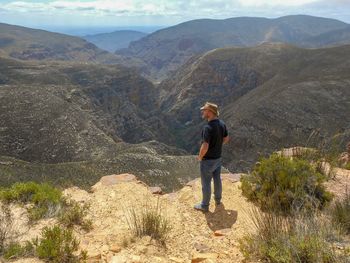 Full length rear view of man standing on rock