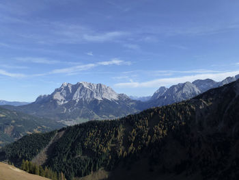 Scenic view of snowcapped mountains against sky