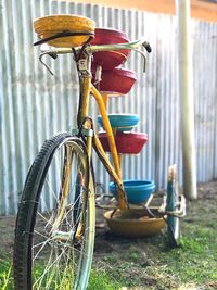 Bicycle leaning against wall
