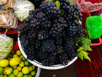 High angle view of grapes for sale in market