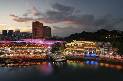 Illuminated buildings by river against sky at sunset