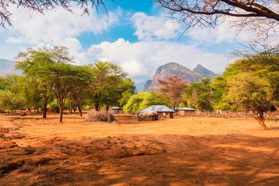 Scenic view of traditional samburu homestead in the ndoto mountain range in marsabit county, kenya