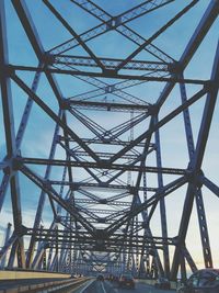 Low angle view of suspension bridge against sky