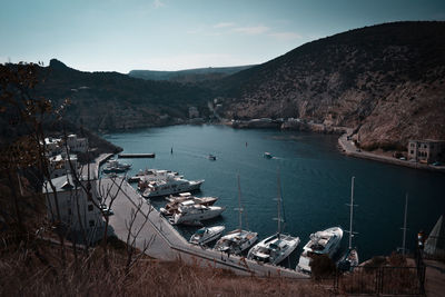 High angle view of boats at harbor