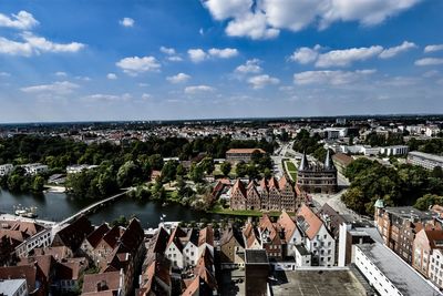 High angle view of people at town square