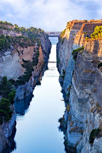 The corinth canal with its rocky cliffs, as  transport water corridor between the two seas of greece