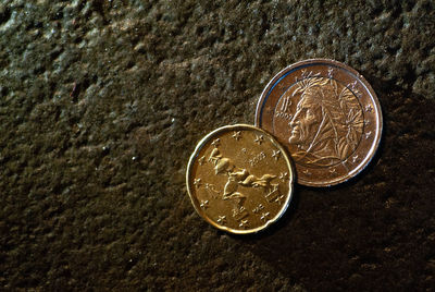 High angle view of coins on floor