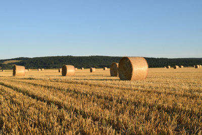 Hay bales on field against clear sky