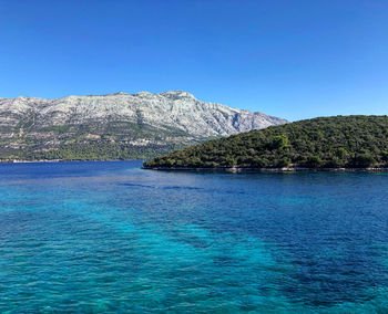 Scenic view of sea against clear blue sky