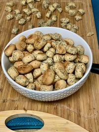 High angle view of bread in bowl on table