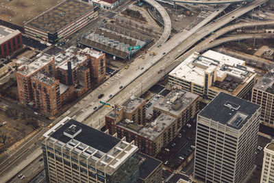 High angle view of buildings in city