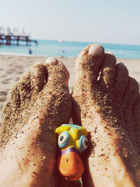 Close-up of stuffed toy on beach