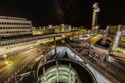 High angle view of illuminated buildings in city at night. düsseldorf flughafen 