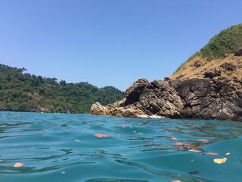 Scenic view of sea against clear blue sky