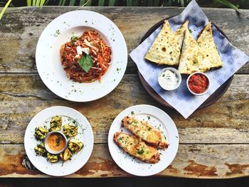 High angle view of food served on table