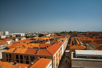 High angle view of townscape against clear sky