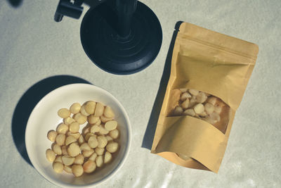 High angle view of breakfast on table