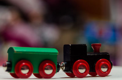 Close-up of toy train on table