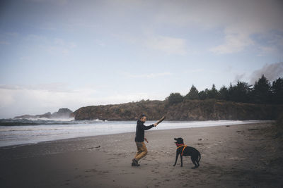 A man is playing with a dog on the californian beach