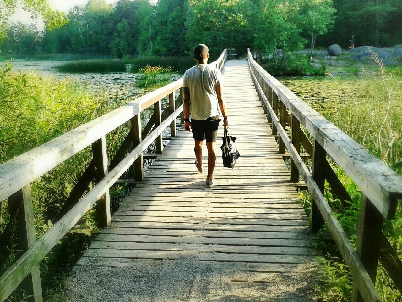 full length, lifestyles, leisure activity, rear view, railing, the way forward, walking, casual clothing, tree, wood - material, boardwalk, men, togetherness, forest, childhood, boys, person