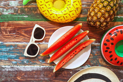 High angle view of various fruits on table