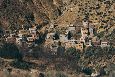 High angle view of houses in town