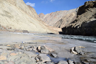 Zanskar river amidst rocky mountains at ladakh