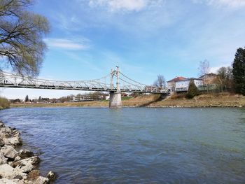 View of suspension bridge over river